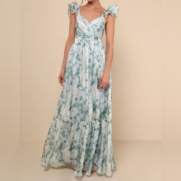 Lulus Dresses & Skirts - Lulus Soiree Perfection Light Blue & Green Floral Ruffled Tiered Maxi Dress, L